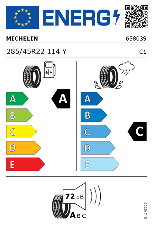 Tyre Label for Michelin Primacy All Season 285/45R22 114Y