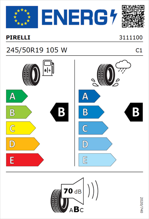 Tyre Label for Pirelli Cinturato P7 Run Flat 245/50R19 105W