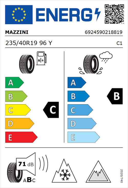Tyre Label for Mazzini Versat-AS8 235/40R19 96Y