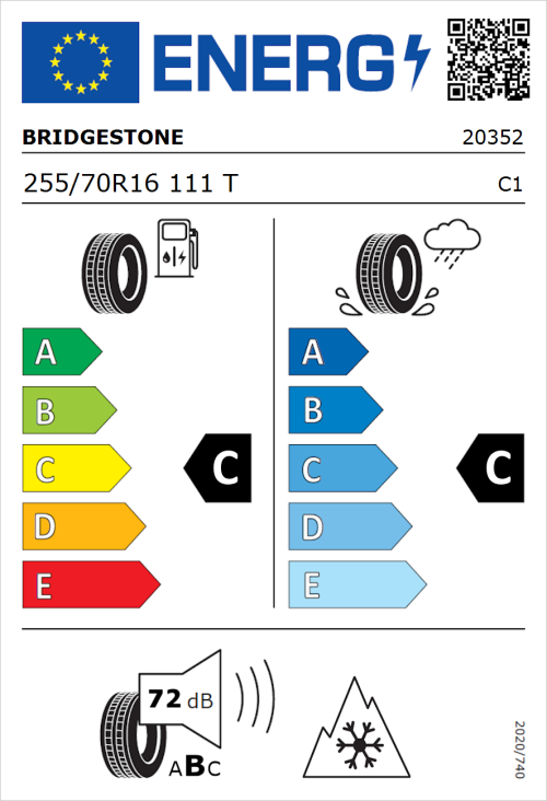 Tyre Label for Bridgestone Dueler A/T002 255/70R16 111T