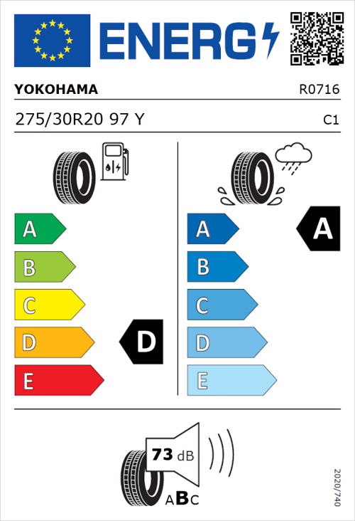 Tyre Label for Yokohama V105 275/30R20 97Y